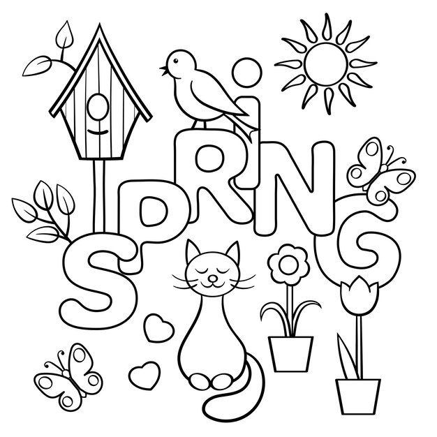 Premium vector coloring page with the word spring