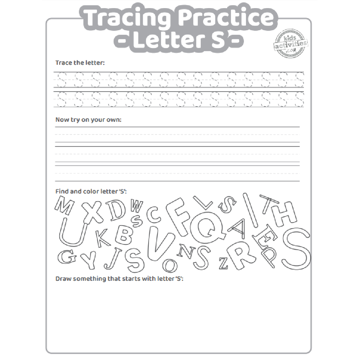Free letter s practice worksheet trace it write it find it draw kids activities blog