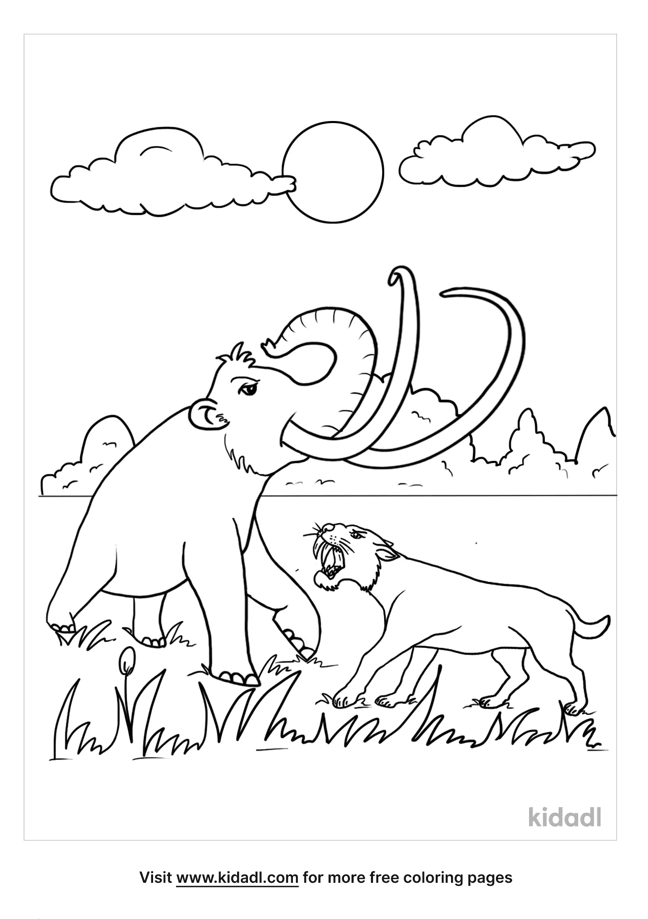 Free saber tooth tiger fighting a mamoth coloring page coloring page printables