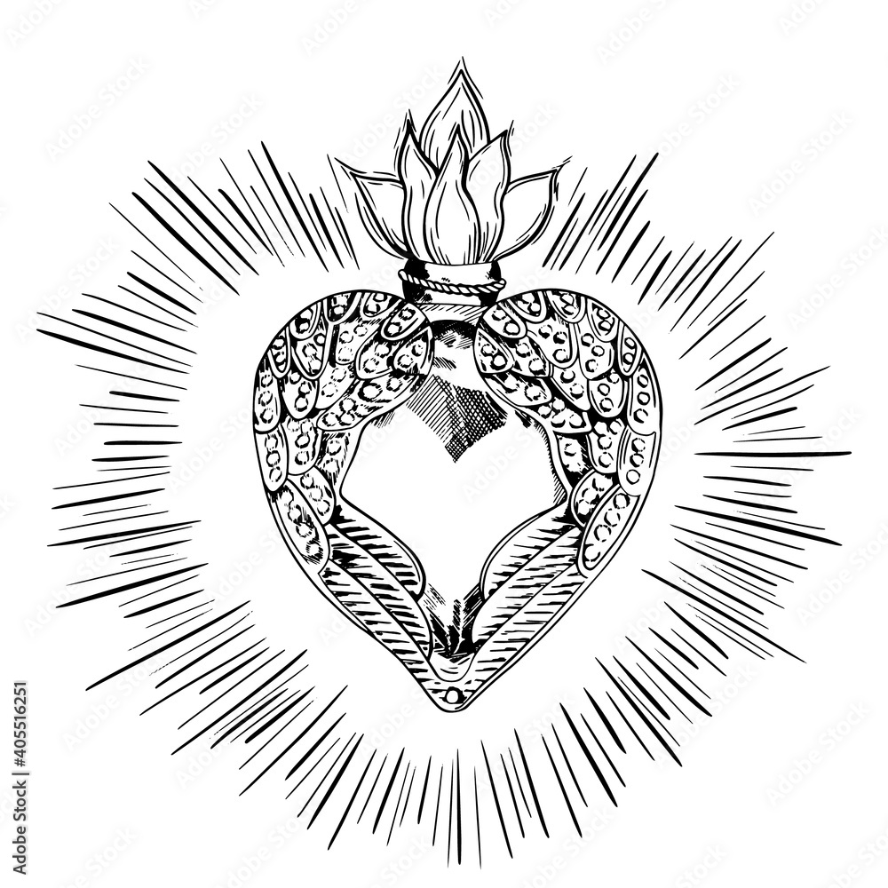 Vektorovã grafika âsacred heart of jesus with rays vector illustration black isolated on white trendy vintage style element spirituality occultism alchemy magic love coloring book for adultsâ ze sluåby