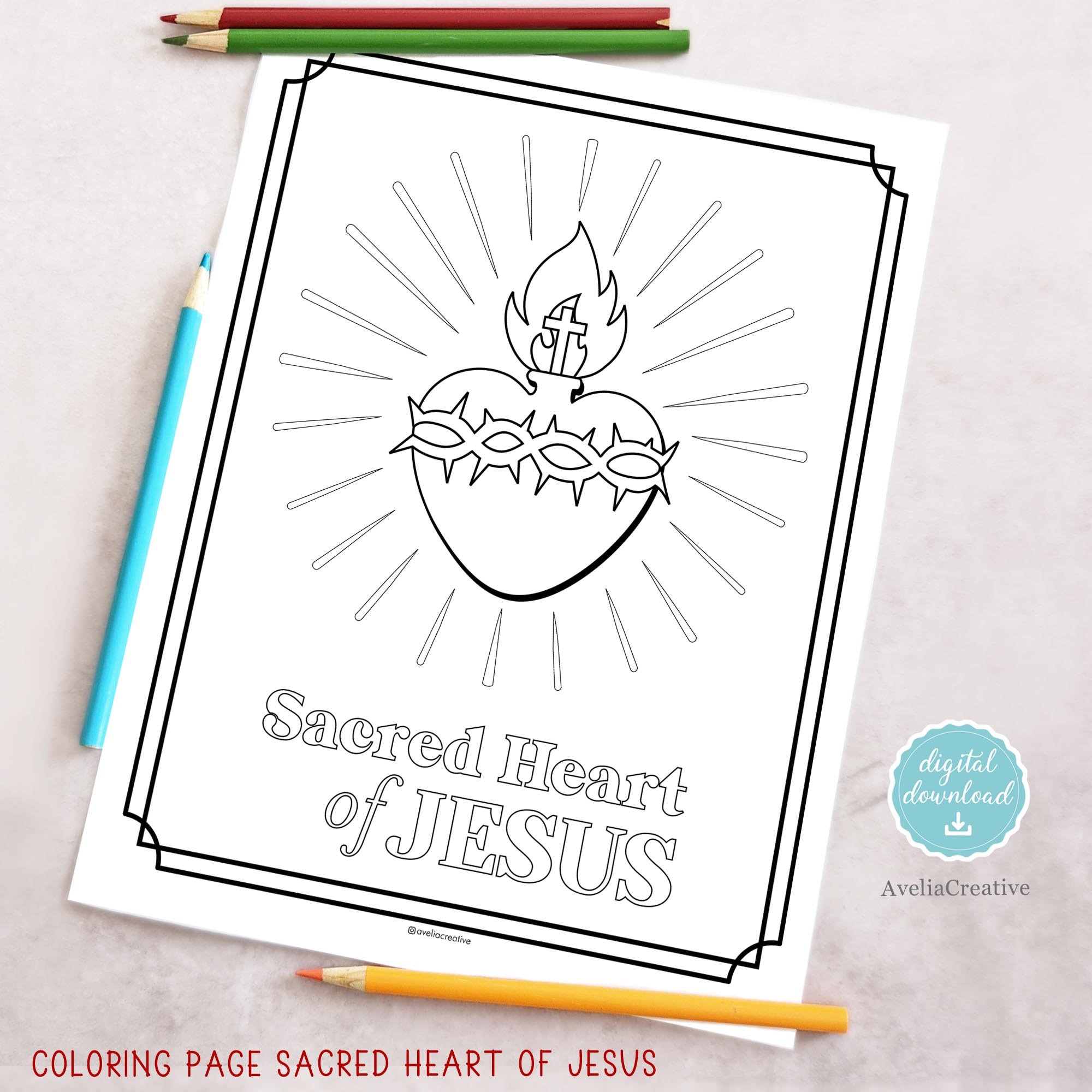 Sacred heart of jesus coloring page instant download kids coloring sacred heart of jesus printable catholic kids coloring page