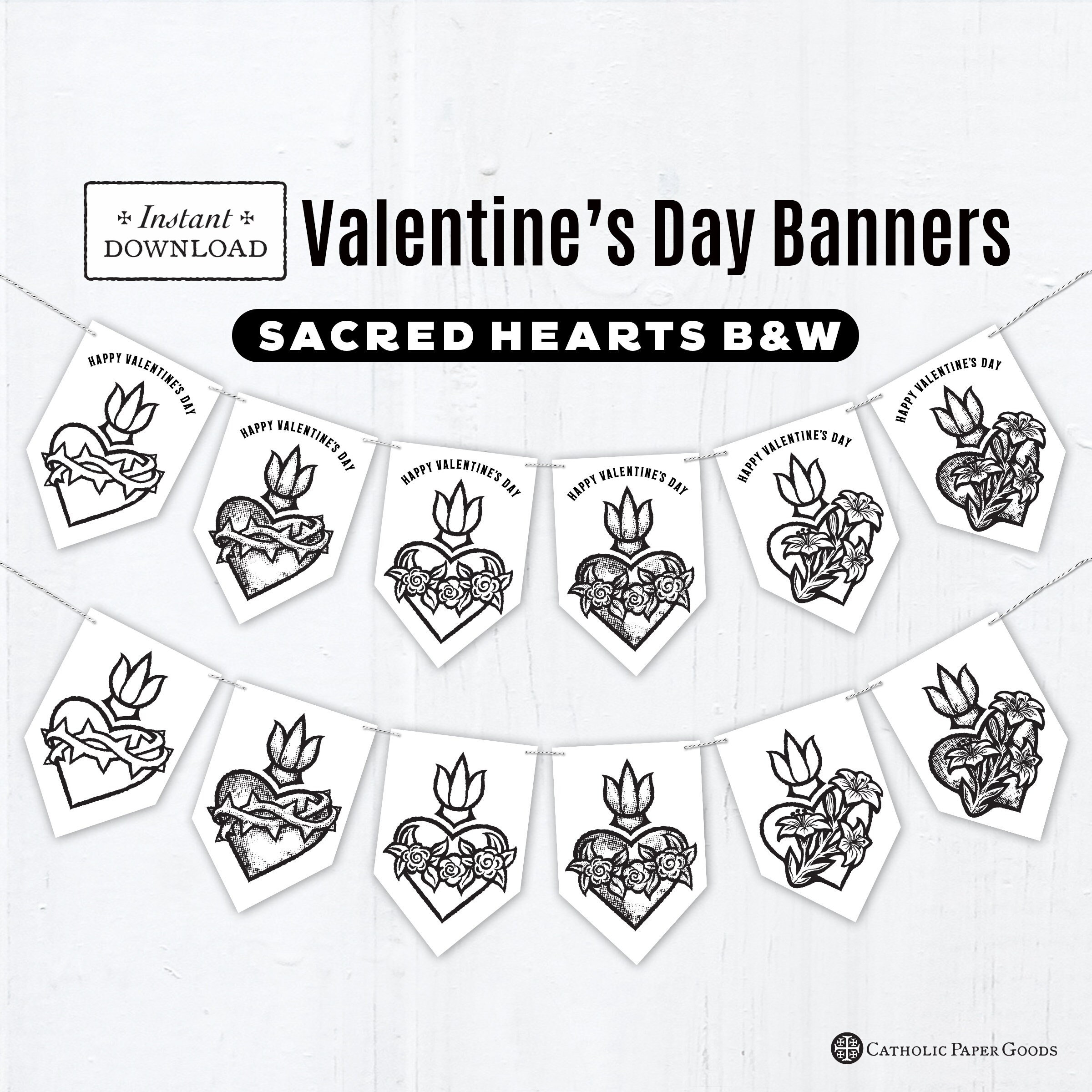 Sacred hearts coloring page valentines day banners printable banners valentine party decor sacred heart banners bw sacred heart of jesus
