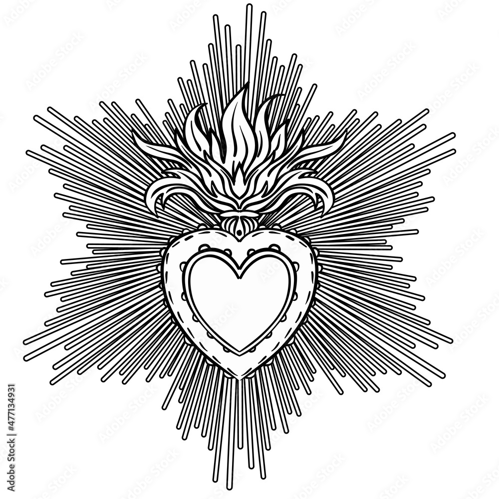 Sacred heart of jesus with rays vector illustration black isolated on white trendy vintage style element spirituality occultism alchemy magic love coloring book for adults vector