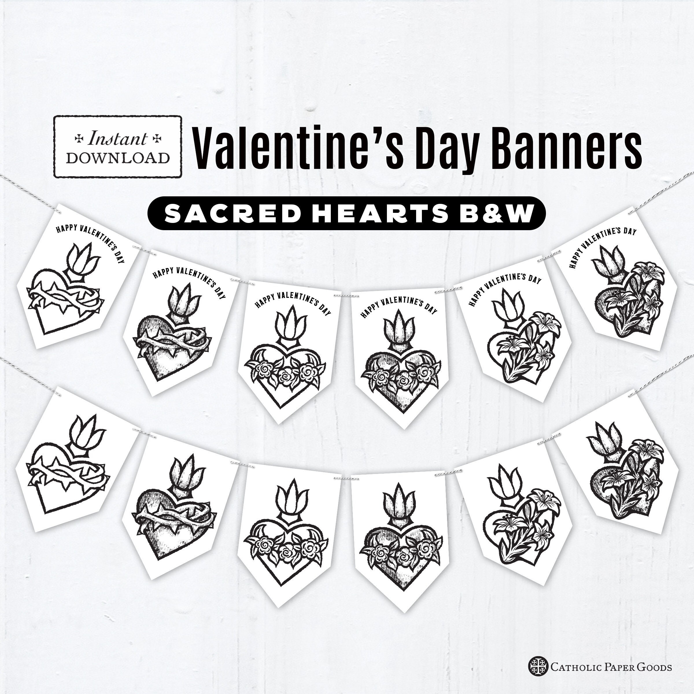 Sacred hearts coloring page valentines day banners printable banners valentine party decor sacred heart banners bw sacred heart of jesus