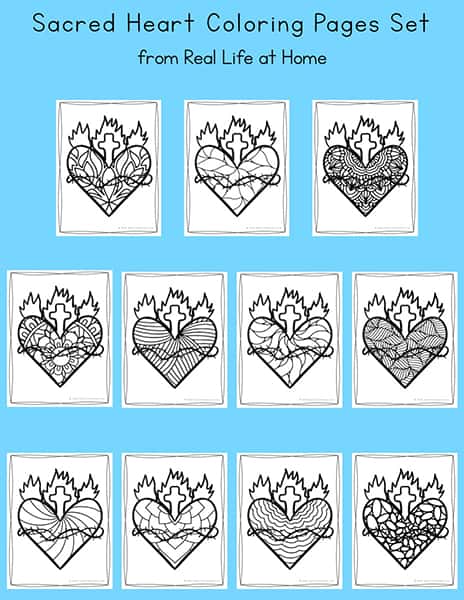 Sacred heart coloring pages for kids and adults different designs