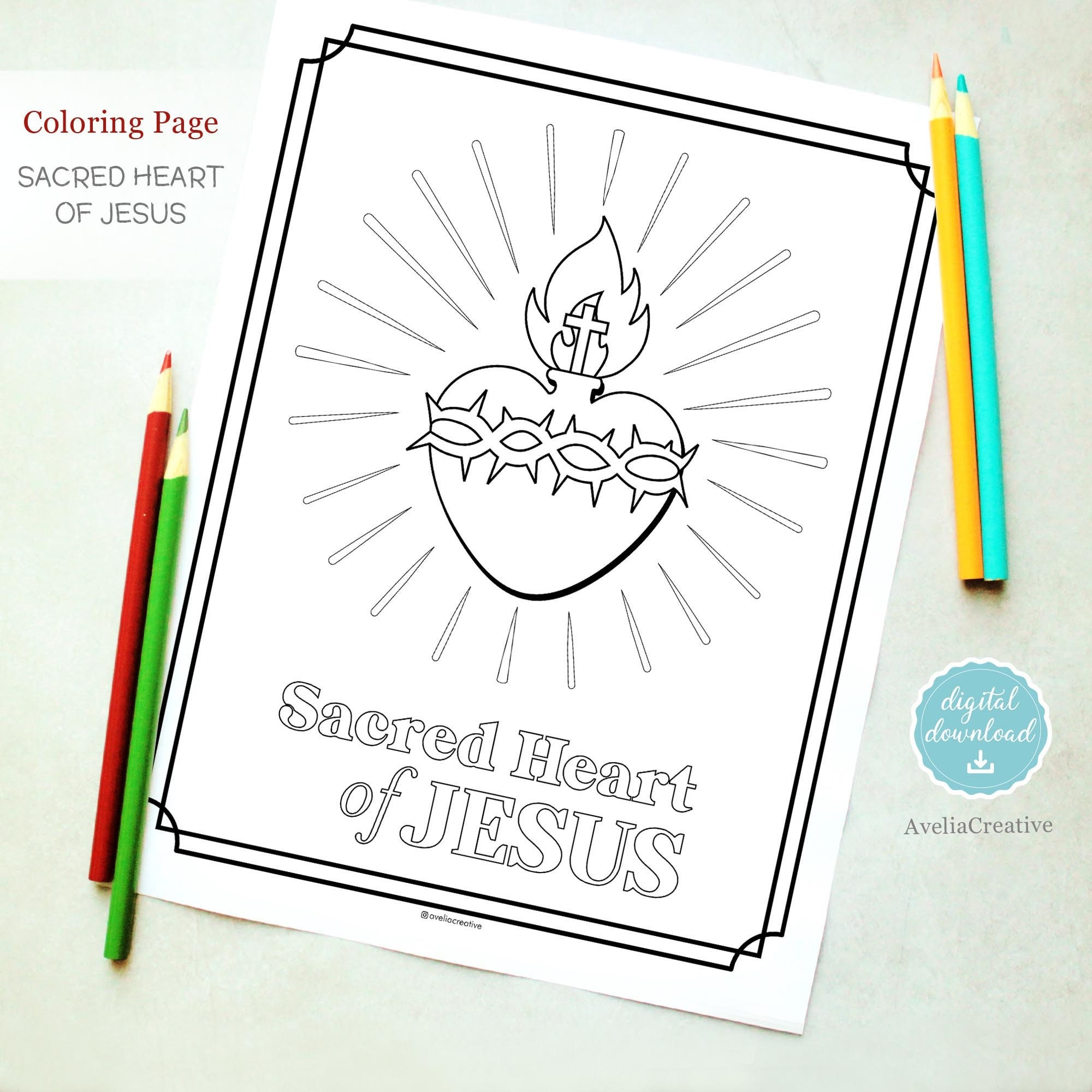 Sacred heart of jesus coloring page instant download kids coloring sacred heart of jesus printable catholic kids coloring page