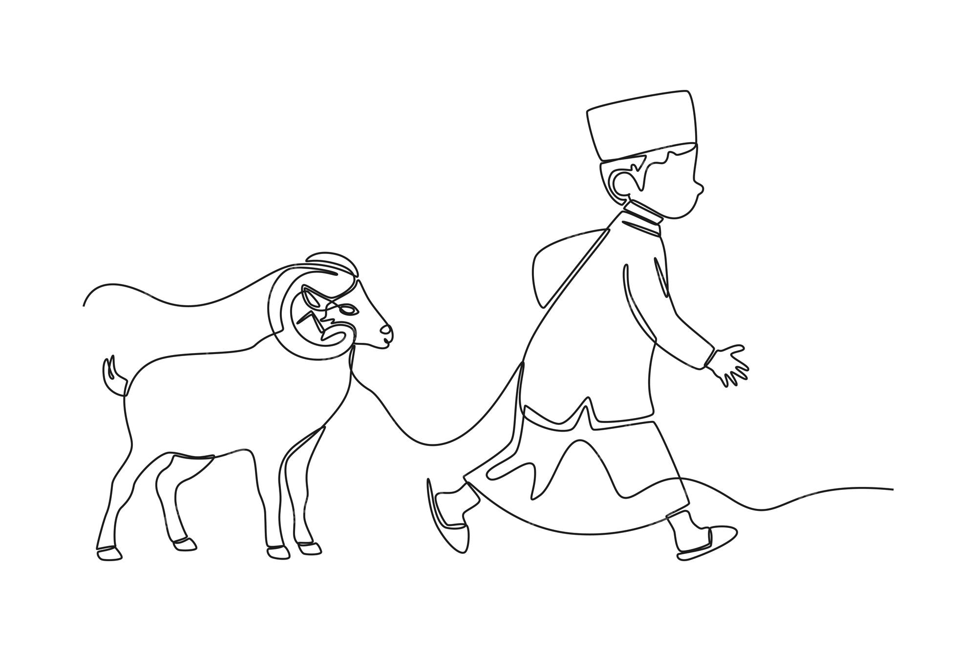 Premium vector single one line drawing happy muslim boy bring a goat for sacrifice happy eid al adha concept continuous line draw design graphic vector illustration
