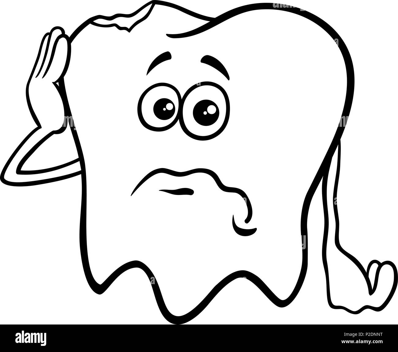 Black and white cartoon illustration of sad tooth character with cavity coloring book stock vector image art