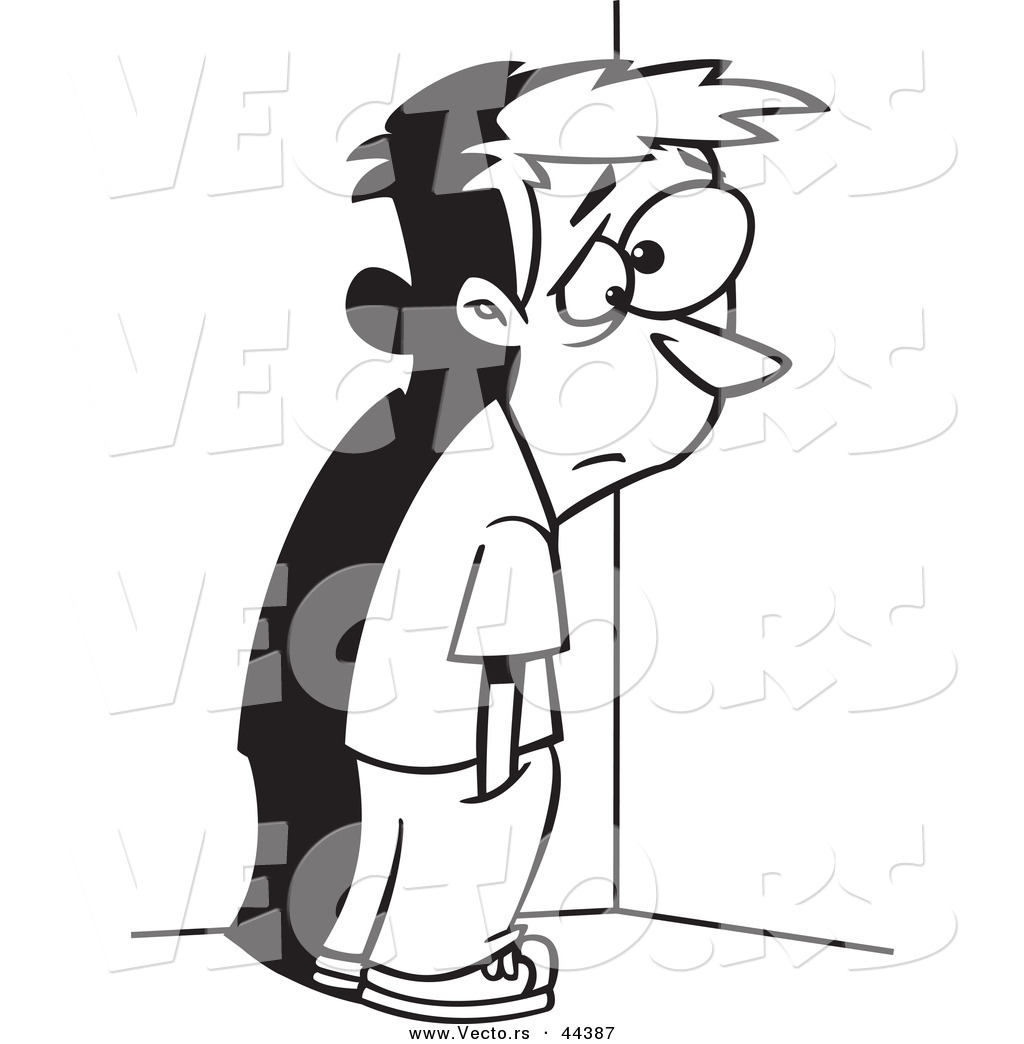 R of a sad cartoon boy standing in a corner