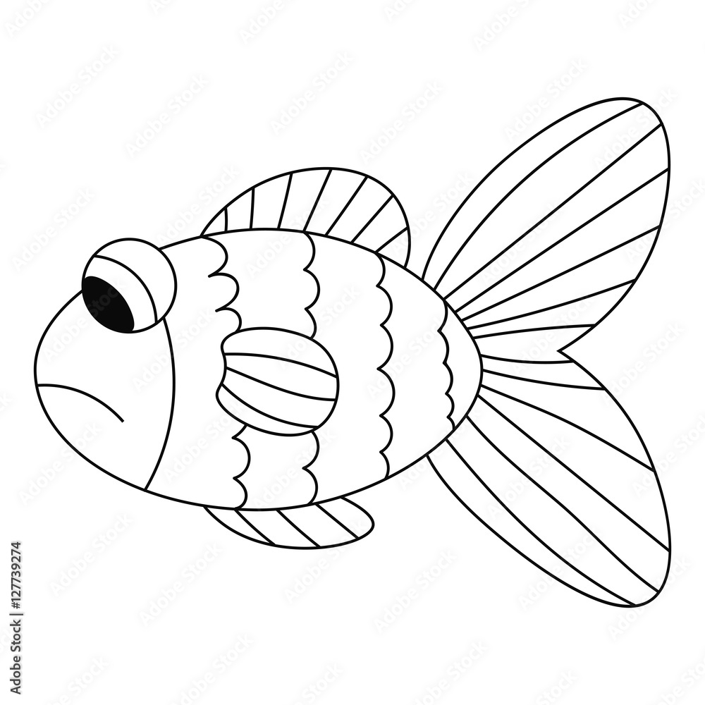 Sad black thin line contour fish isolated on white background for coloring book vector illustration vector