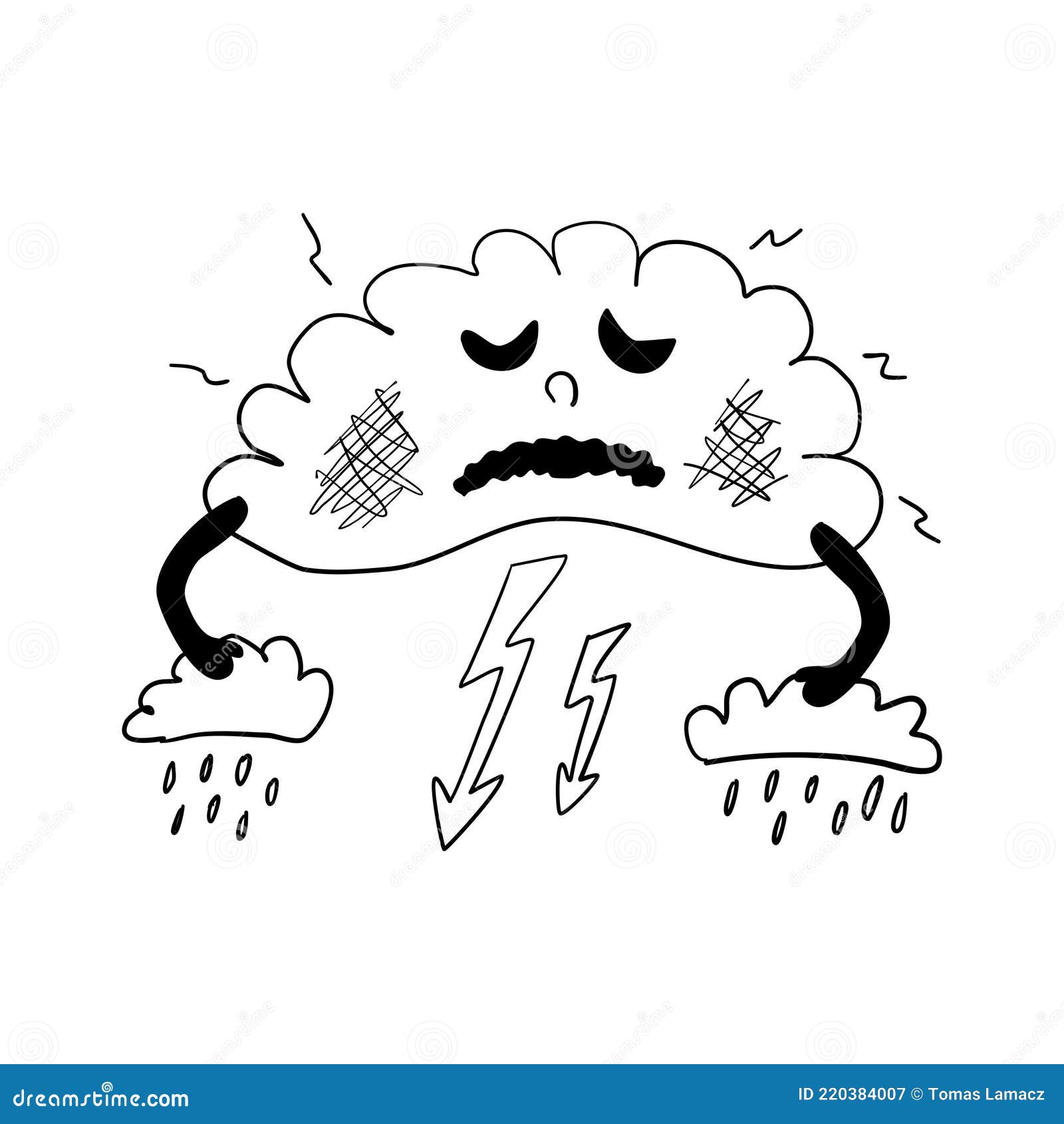 Sad cloud character is making a storm and rain hand drawn ic isolated vector illustration for coloring book stock vector