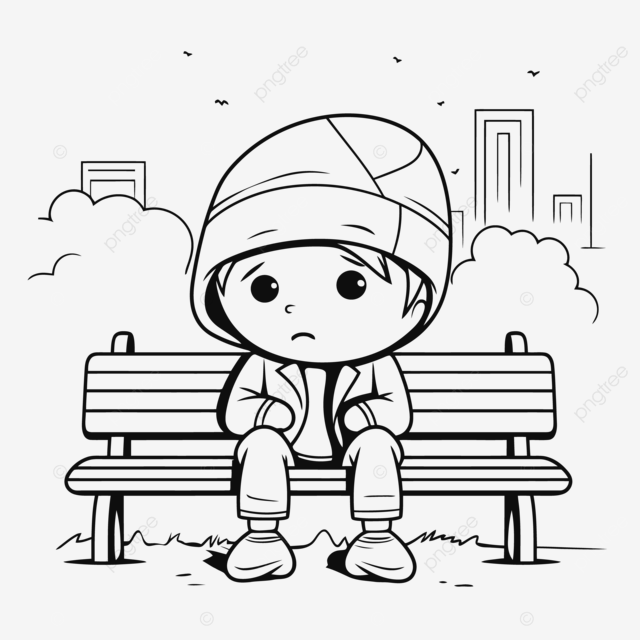 Black and white coloring pages of sad boy sitting on a bench near city outline sketch drawing vector city drawing wing drawing ring drawing png and vector with transparent background for free