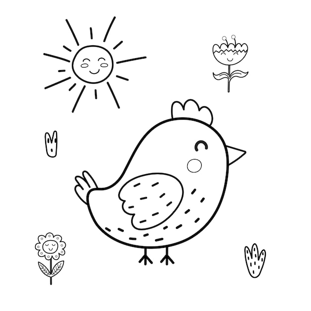 Premium vector cute bird coloring page for kids sunny day black and white