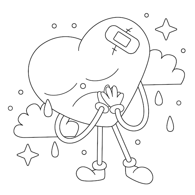 Premium vector vector cute sad broken heart coloring book cartoon isolated on white coloring page outline