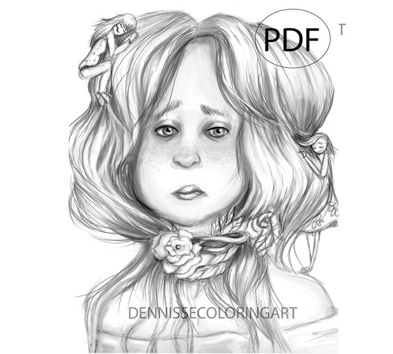 Beautiful sad adult coloring pages printable little fantasy creatures grayscale coloring instant download jpg pdf letter size download now