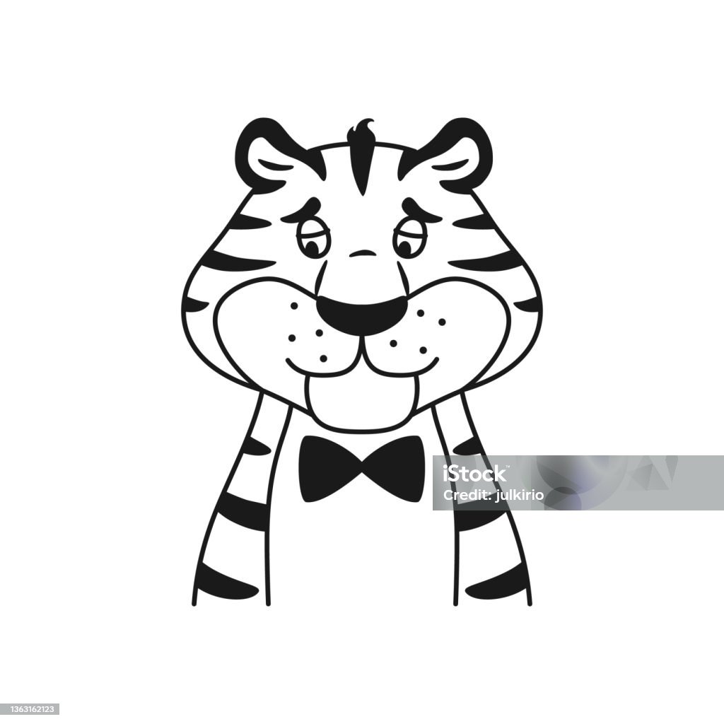 Black and white outline upset striped tiger portrait isolated on white background cute unhappy wild cat line coloring page sad animal face sketch vector illustration stock illustration