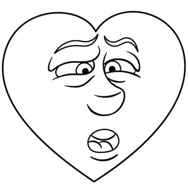 Premium vector cute cartoon heart with sad disgusted emoji face kids coloring page