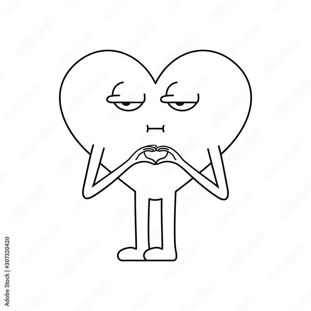 Line art illustration of a character with heart shape showing bored emotion with his face and