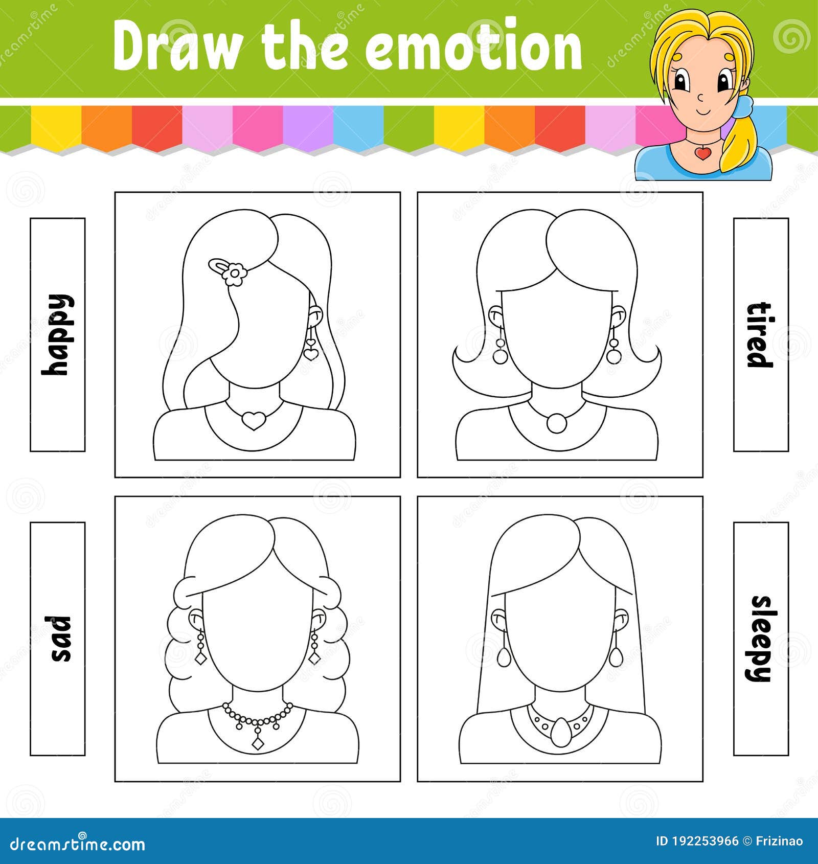 Draw the emotion worksheet plete the face coloring book for kids cheerful character vector illustration stock vector