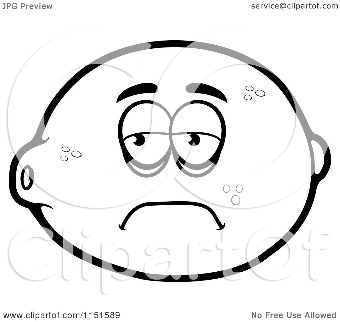 Cartoon clipart of a black and white sad lemon mascot