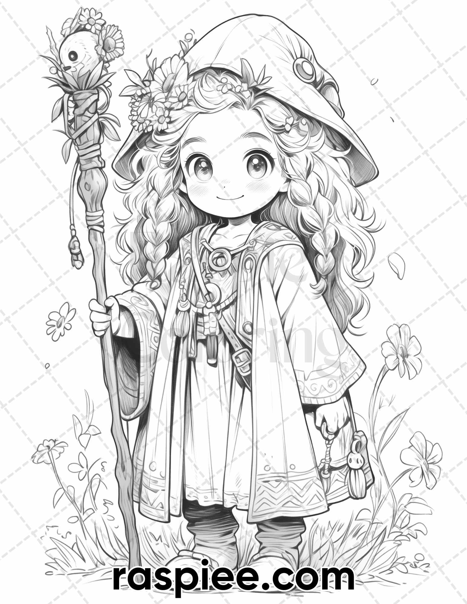 Cute druid girl grayscale coloring pages for adults printable pdf â coloring