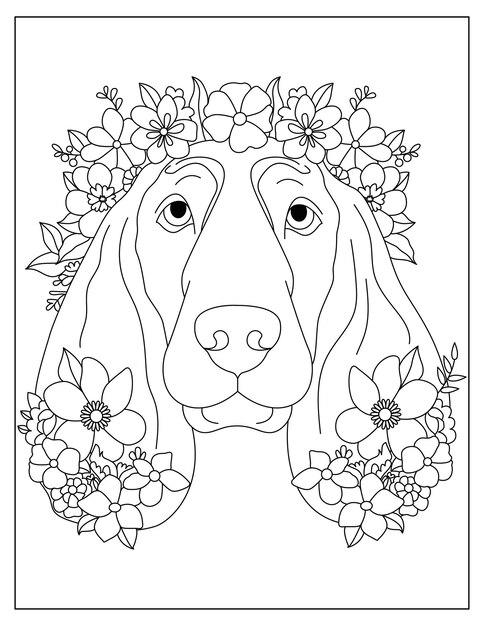 Premium vector coloring page of sad dog with flowers around