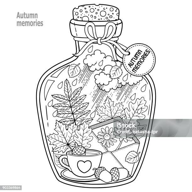 Coloring book for adults a glass vessel with memories of autumn and love a bottle with
