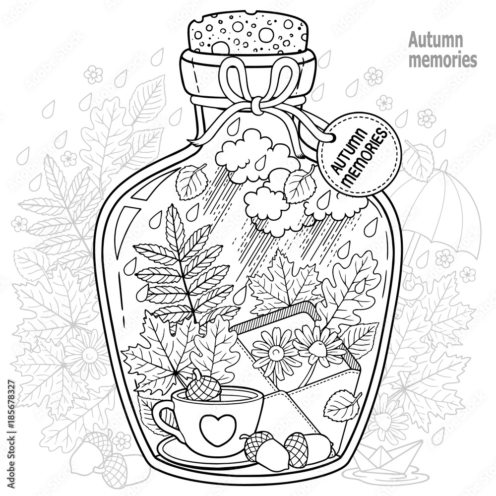 Coloring book for adults a glass vessel with memories of autumn and love a bottle with