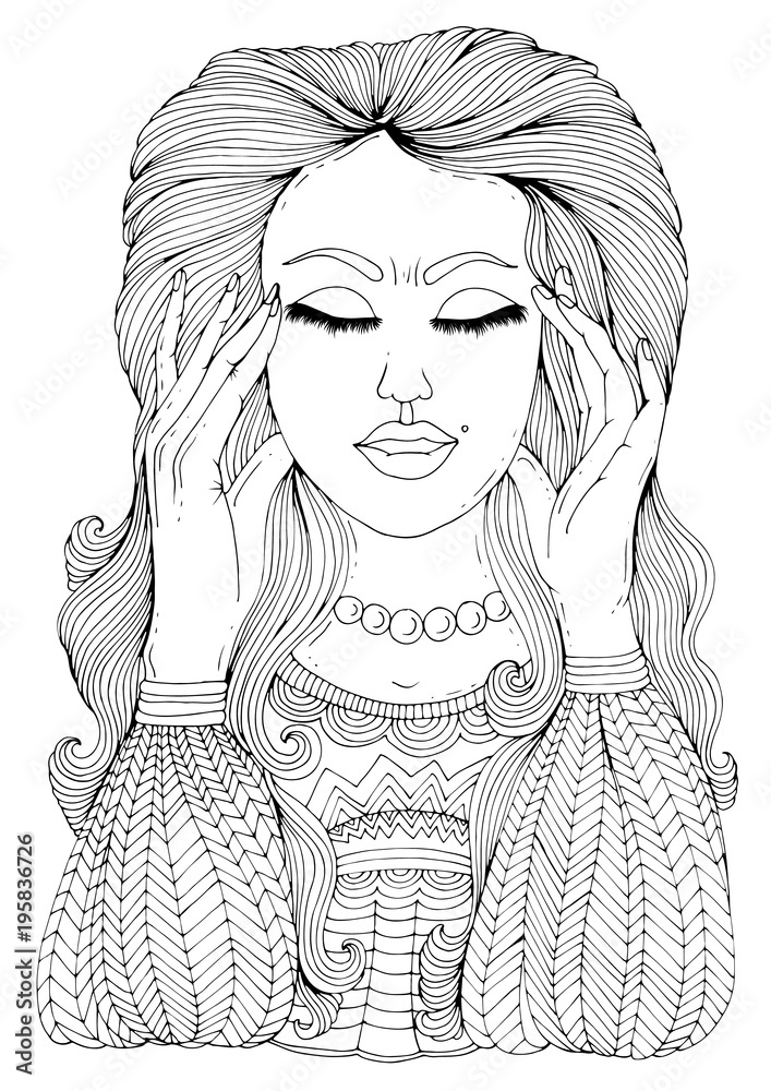 Vector hand drawn sad girl suffering from head pain in temples and stress headache migraine and stress pattern for coloring book a size vector