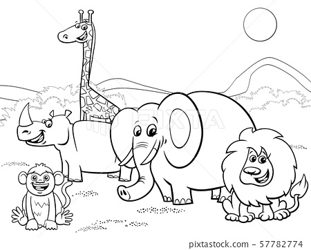Cartoon safari animals group coloring page