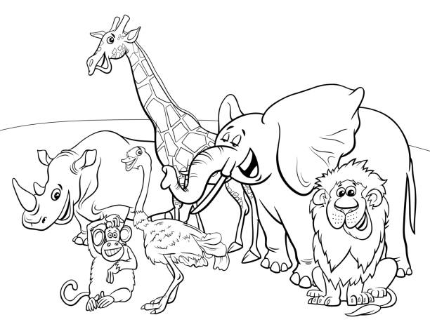 Cartoon safari animal characters coloring book stock illustration