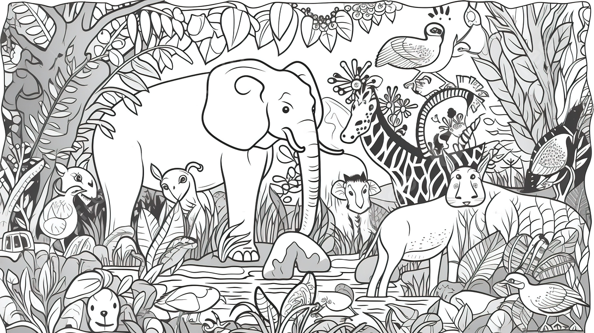 Children s coloring page featuring safari animals in a jungle background jungle animals coloring picture jungle animal background image and wallpaper for free download
