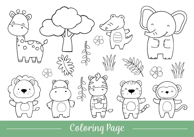 Premium vector coloring page cute safari animals doodle cartoon