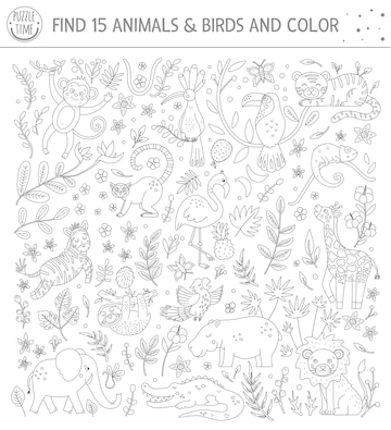 Premium vector tropical black and white searching game for children with cute funny characters find hidden animals and birds in the jungle and color fun coloring page for kids