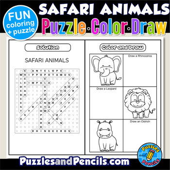 Safari animals word search puzzle and coloring puzzle color draw