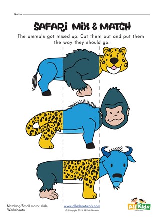 Safari animals mix and match worksheet all kids network