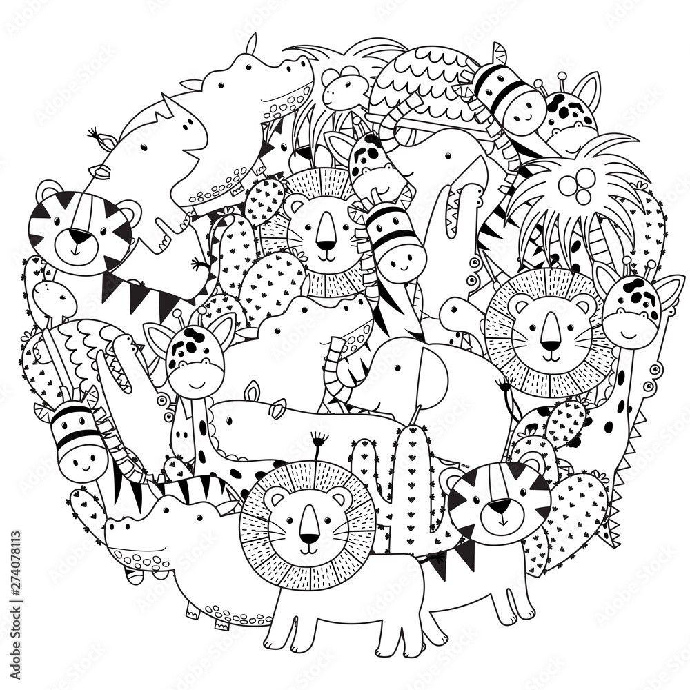 Circle shape coloring page with funny safari animals black and white print vector