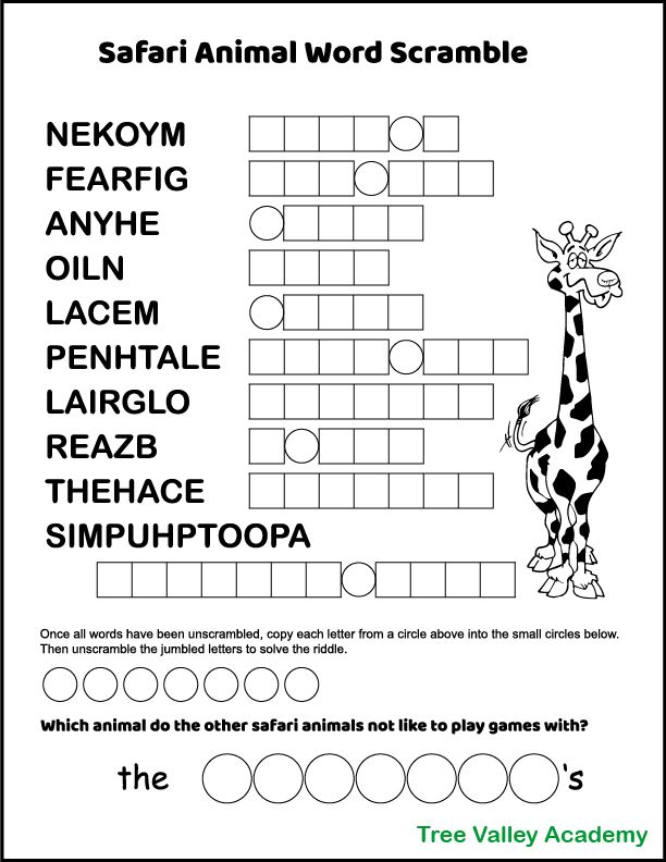 Safari animals word scramble safari animals word puzzles for kids safari