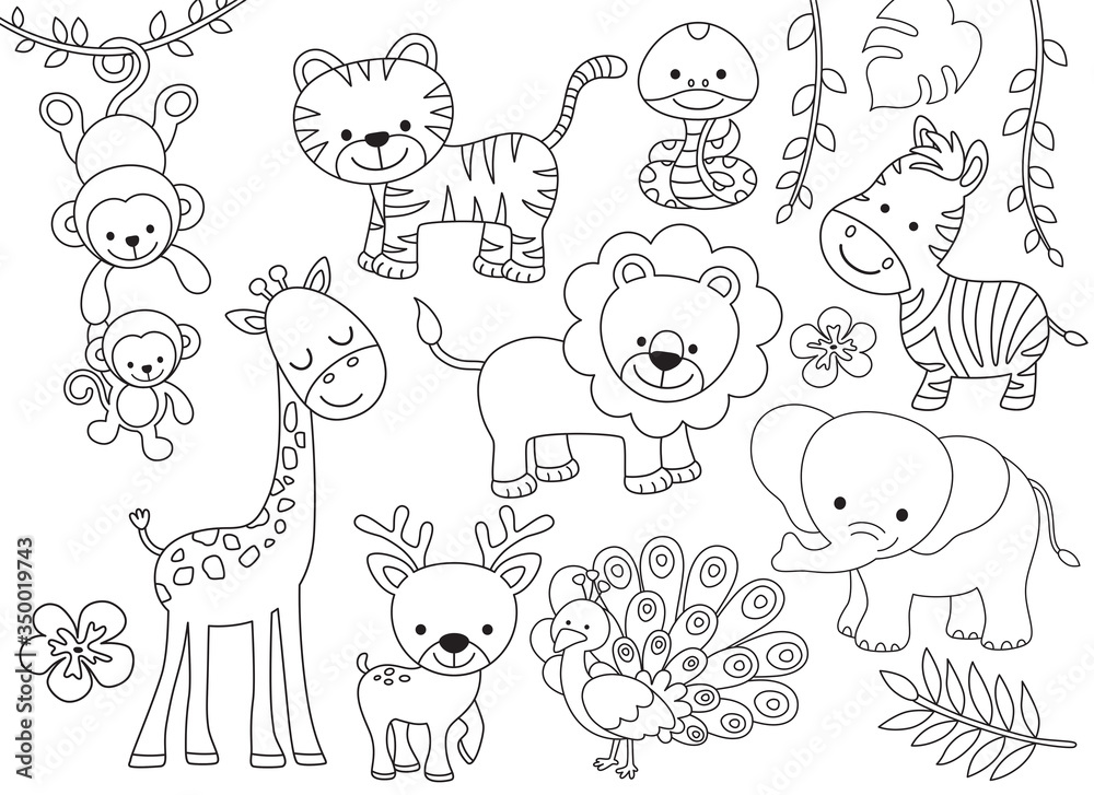 Outline wild safari animals vector illustration for coloring jungle animals line art including monkey tiger zebra giraffe lion elephant snake deer and peacock vector