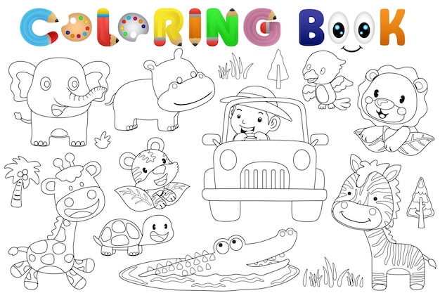 Premium vector coloring book safari animals cartoon with boy on safari car