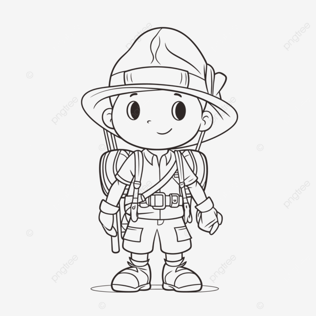 Print of a jungle patrol coloring page with a boy in a hat holding a backpack outline sketch drawing vector adventurer drawing adventurer outline adventurer sketch png and vector with transparent background