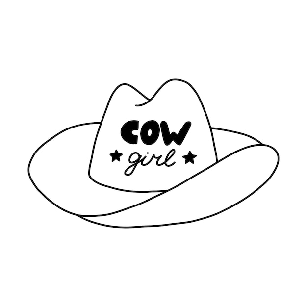 Premium vector cute hand drawn cowgirl hat doodle with outline sheriff hat with lettering in cowgirl and cowboy western theme simple doodle with print for horse ranch wild west style vector