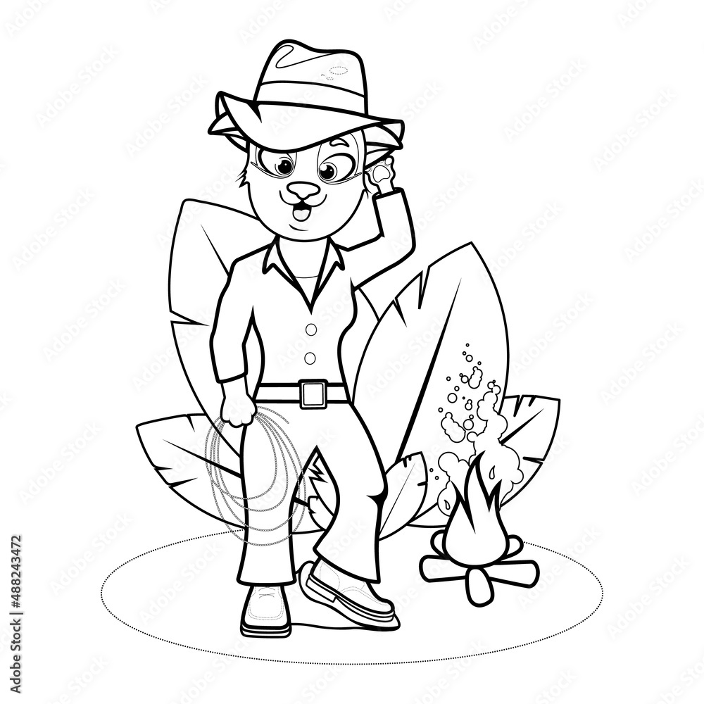 Coloring page adventurer cute cat in hat by the fire with rope vector