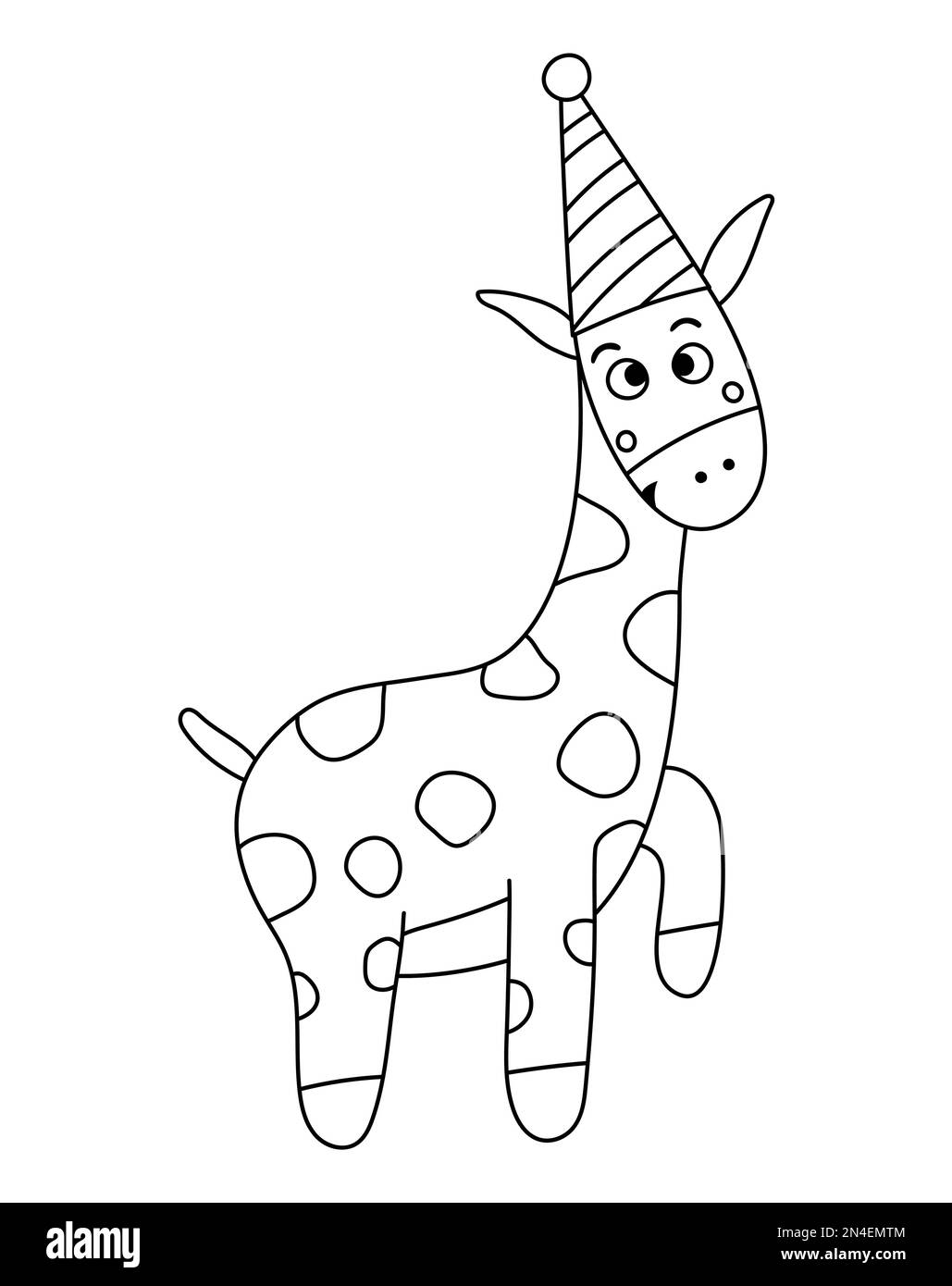 Vector cute black and white giraffe in birthday hat funny b