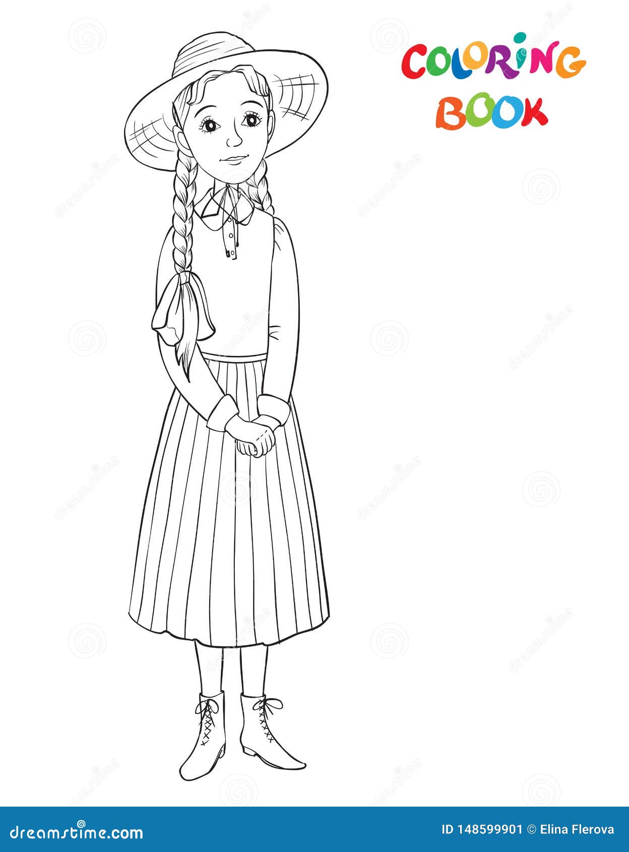 Coloring page outline of beautiful girl smiling girl in dress and straw hat stock vector
