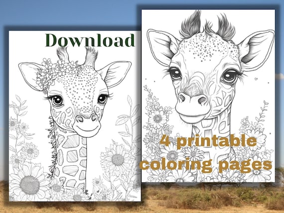 Printable baby giraffe coloring pages for kids and adults safari animal art instant digital downloads jpg and pdf files