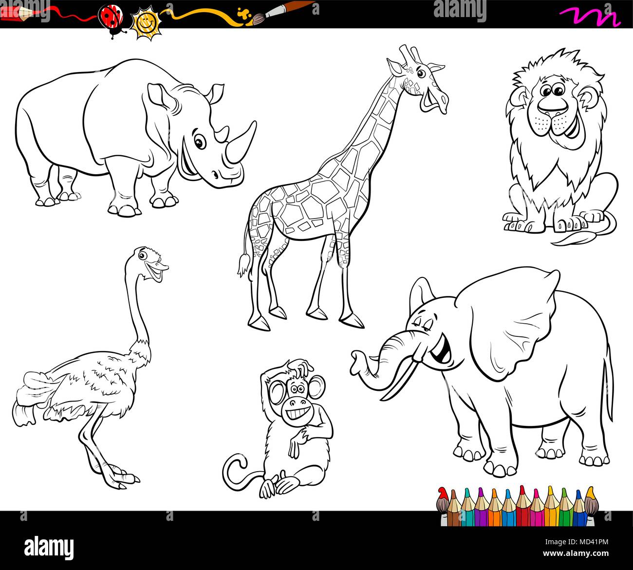 Black and white cartoon illustration of funny safari animal characters set coloring book stock vector image art