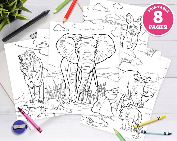 Pack printable digital coloring pages for kids party african wild animals illustrations safari animal coloring sheets printable pdf