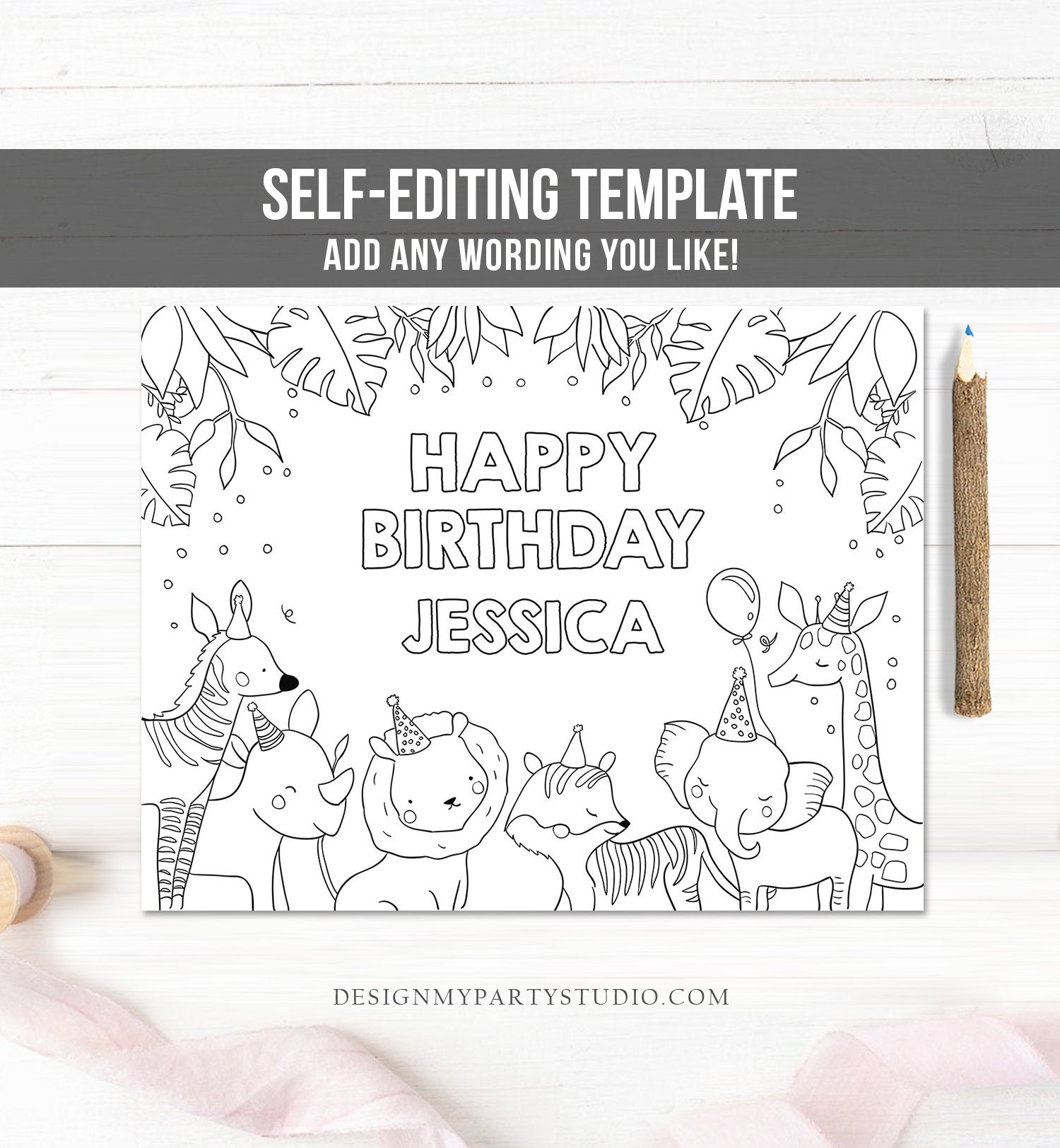 Editable coloring page safari animals birthday party activity game wil