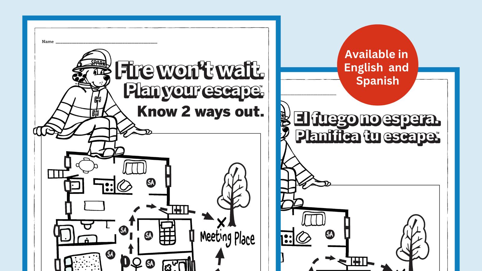 Plan your escape coloring page english and spanish sparky school house
